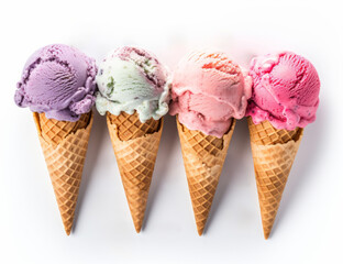 Assorted ice cream cones on white background for summer treats