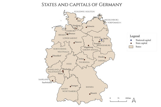 Map of states and capitals of Germany - mapped in an antique and rustic style
