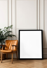 Obraz na płótnie Canvas Minimal mockup featuring a large vertical wooden picture frame within a softly lit pastel interior. Made with generative AI technology
