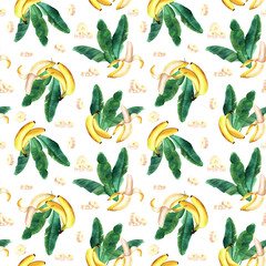 Watercolor seamless pattern with banana tree leaves and peeled sliced yellow fruit banana. Hand drawn illustration isolated on white background. For wrapping wallpaper fabric textile.