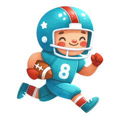 Watercolor cute boy american football player holding a ball and running. American Football competition. American Football element clipart.