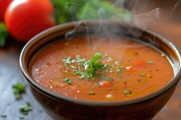 Tomato Shorba A steaming bowl of creamy tomato soup garnis