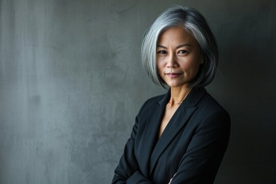 a woman with grey hair and a black suit