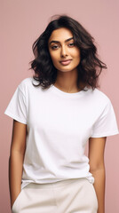 Young happy smiling Indian woman model wearing tshirt looking at camera standing on color background. Face skin care cosmetics makeup, fashion ads. Beauty portrait. White t-shirt mock up template .