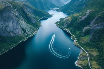 Fototapeta premium aerial view of a winding fjord with a small boat in the center