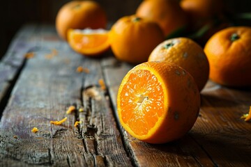 a group of oranges on a table - obrazy, fototapety, plakaty