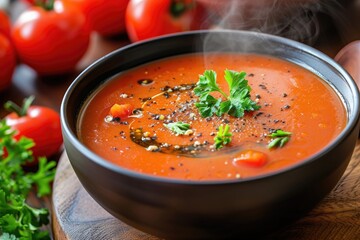 Tomato Shorba A steaming bowl of creamy tomato soup garnis