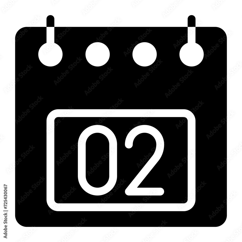 Poster calendar icon, date 2 design solid style vector illustration. flat design style, black color. can be