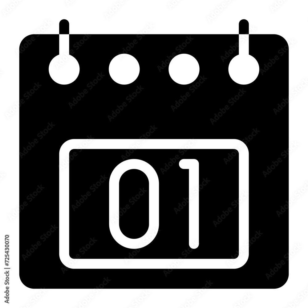 Poster calendar icon, date 1 design solid style vector illustration. flat design style, black color. can be