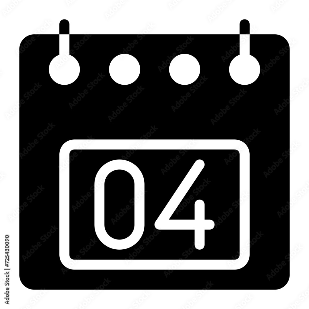 Poster calendar icon, date 4 design solid style vector illustration. flat design style, black color. can be