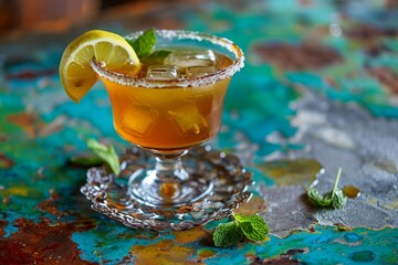 a glass with a drink and a lemon slice on top