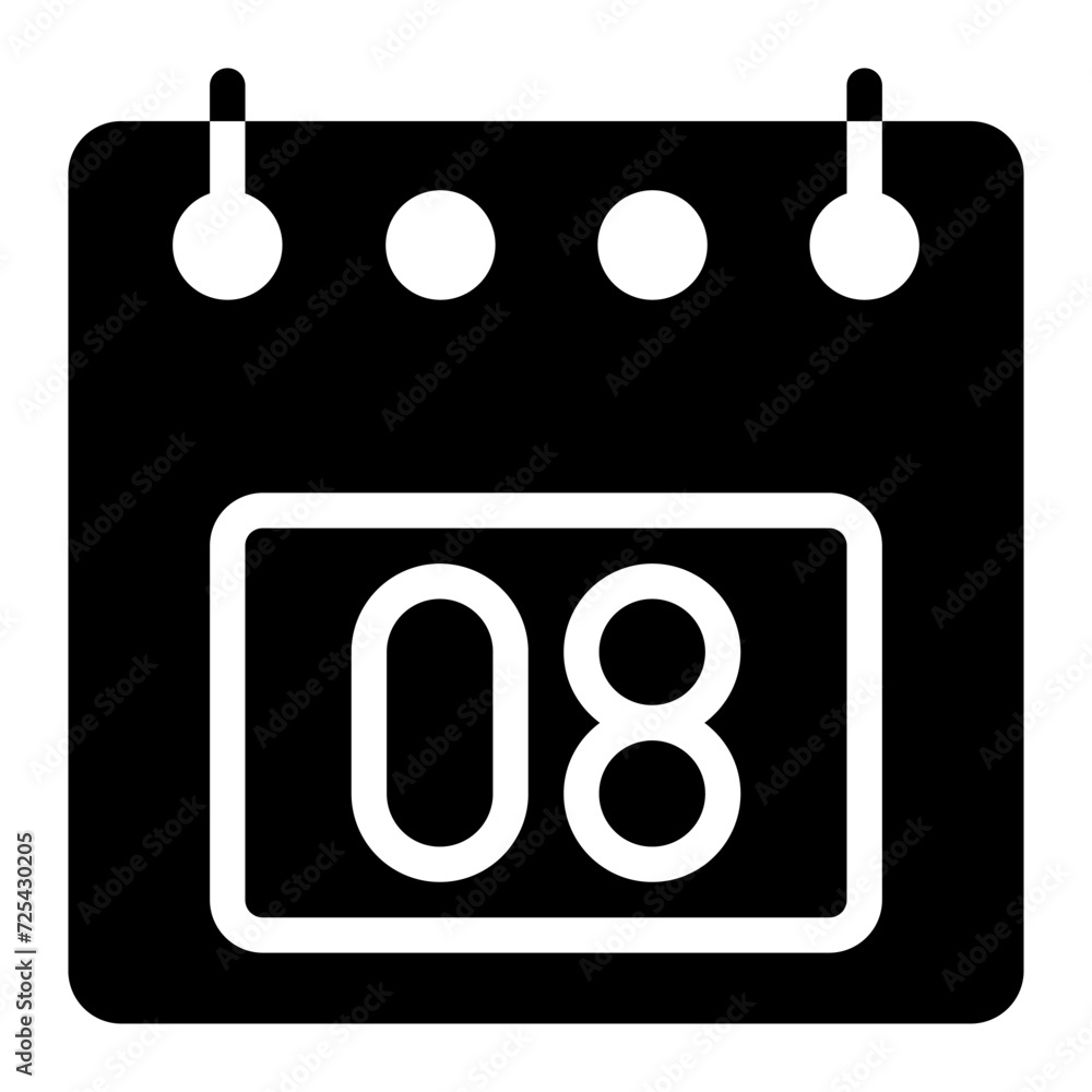 Poster calendar icon, date 8 design solid style vector illustration. flat design style, black color. can be