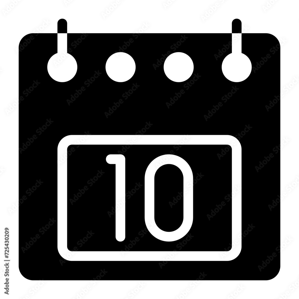 Poster calendar icon, date 10 design solid style vector illustration. flat design style, black color. can b