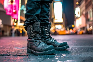 a person wearing black boots - obrazy, fototapety, plakaty