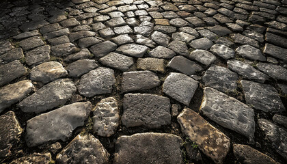 Closeup of a porphyry old roman stone pavement called Sanpietrini or Sampietrini. Typical Roman era...