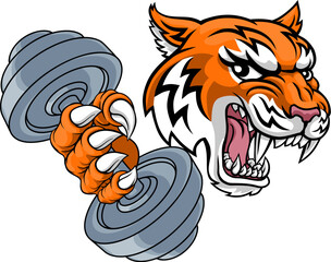 A tiger weight lifting gym animal sports mascot holding a dumbbell weight in his claw