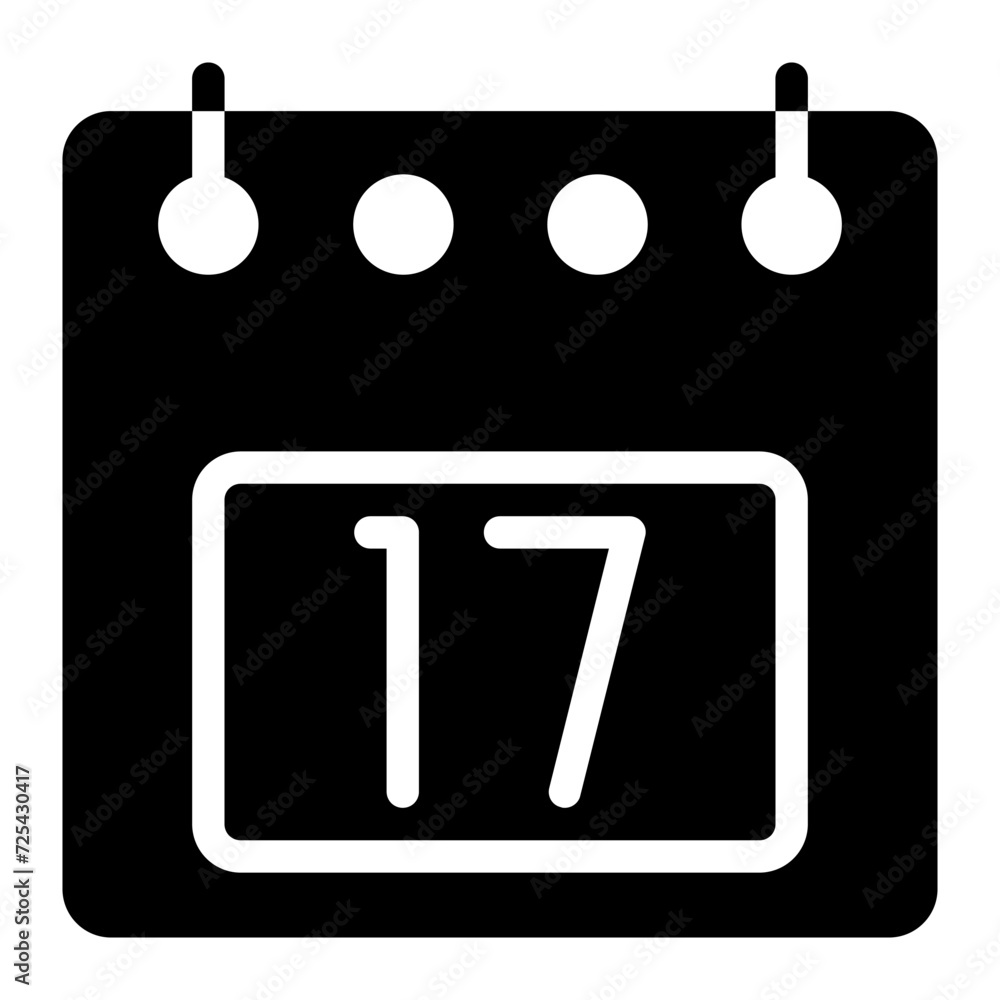 Poster calendar icon, 17th date solid style vector illustration design. flat design style, black color. can