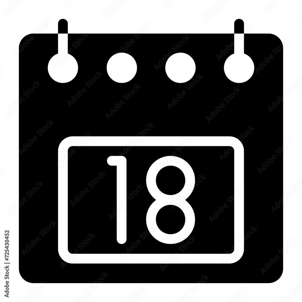 Poster calendar icon, date 18 design solid style vector illustration. flat design style, black color. can b