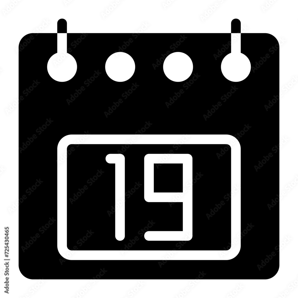 Poster calendar icon, 19th date solid style vector illustration design. flat design style, black color. can