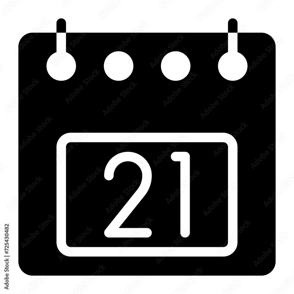 Poster calendar icon, date 21 design solid style vector illustration. flat design style, black color. can b