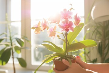 hands holding a potted orchid in a bright, sunlit nursery