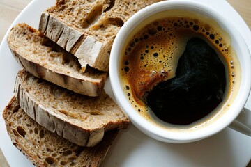 a cup of coffee next to slices of bread