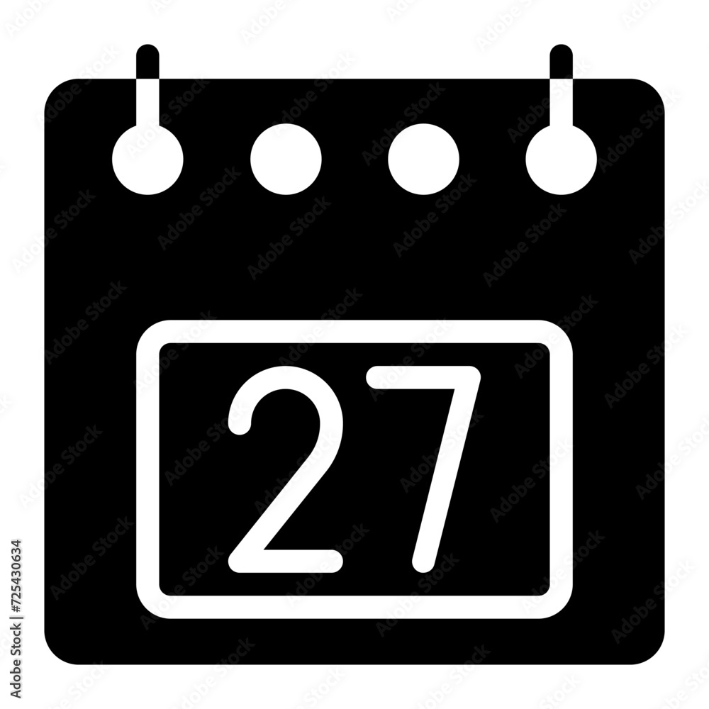 Poster calendar icon, date 27 design solid style vector illustration. flat design style, black color. can b