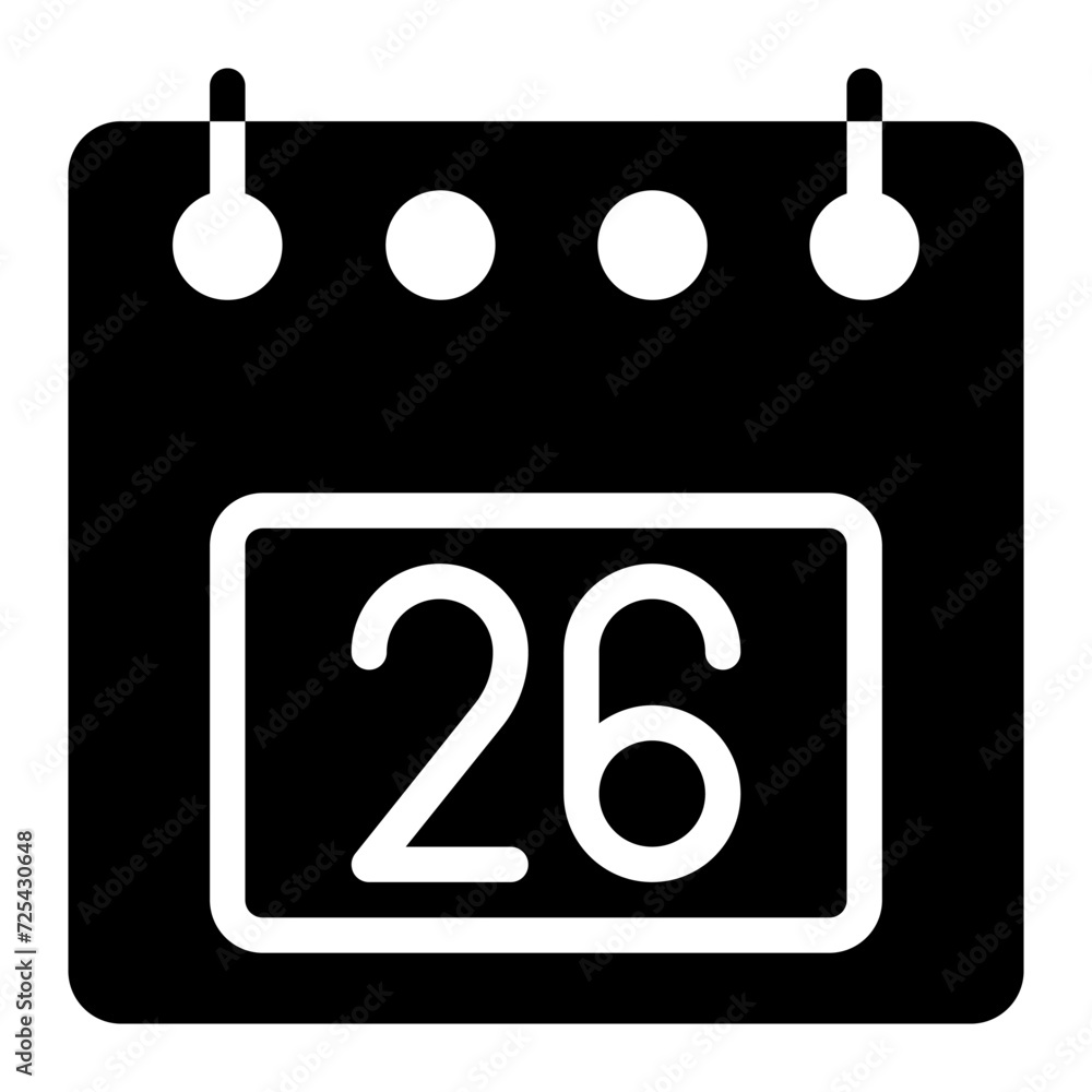Poster calendar icon, date 26 design solid style vector illustration. flat design style, black color. can b