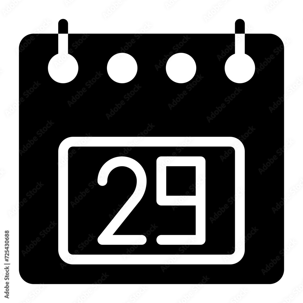Poster calendar icon, date 29 design solid style vector illustration. flat design style, black color. can b