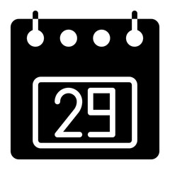 Calendar icon, date 29 design solid style vector illustration. Flat design style, black color. can be used for website, app mobile and software interfaces