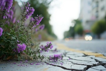 purple flowers growing on the side of a road