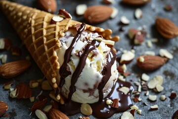 a ice cream cone with chocolate sauce and nuts