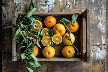 a wooden box with oranges and leaves - obrazy, fototapety, plakaty