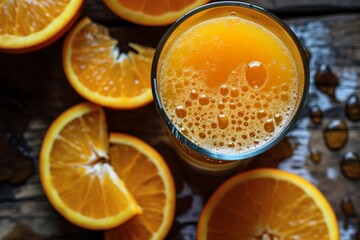 a glass of orange juice next to oranges - obrazy, fototapety, plakaty