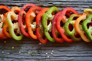a group of sliced bell peppers on a wood surface