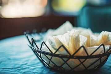 a basket with white napkins on it