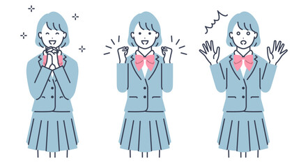 制服を着た女子学生のリアクション。ベクターイラスト素材セット