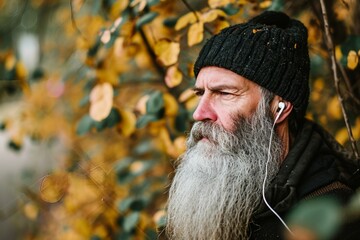 a man with a long beard wearing a beanie and earbuds
