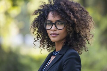 a woman with curly hair wearing glasses
