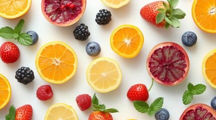 A high-quality image capturing the essence of various fruits on a pristine white background, each piece contributing to a visually appealing and nutritious display that evokes a sense of freshness and - obrazy, fototapety, plakaty