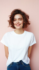 Young happy woman, smiling gen z girl model wearing tshirt looking at camera standing on color background. Face skin care cosmetics makeup, fashion ads. Beauty portrait. White t-shirt mock up template