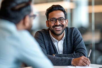 a man smiling at another man