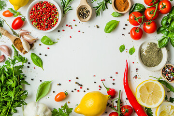 Top view of fresh foods and spices vegetables