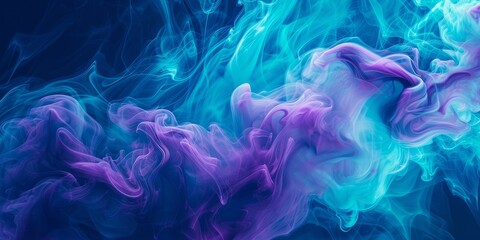 Fototapeta na wymiar Multicoloured smoke of purple and turquoise on dark blue background. Smoke, vape, foggy abstract backdrop. 