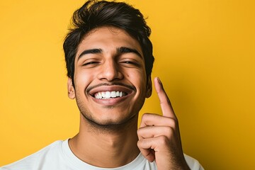 a man smiling with his finger up