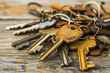 a bunch of keys on a wooden surface
