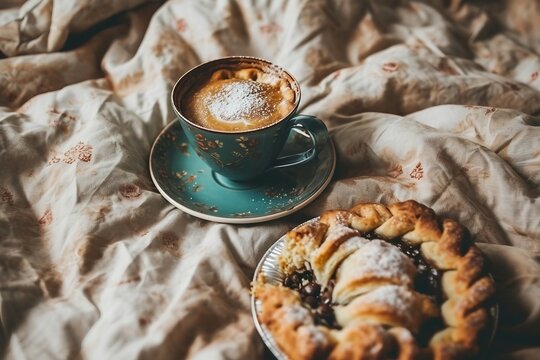 a cup of coffee and a pie on a blanket