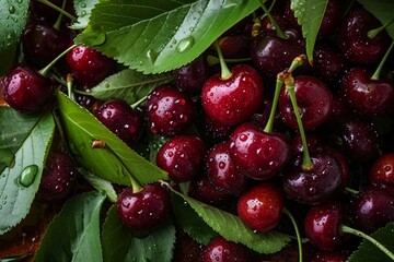 a pile of cherries with leaves