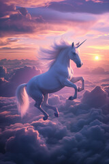 Obraz na płótnie Canvas fantastic beautiful white unicorn jumps through the sky among the clouds at dawn.