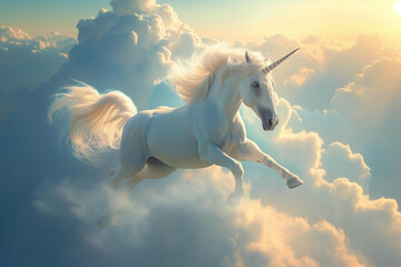  fantastic beautiful white unicorn jumps through the sky among the clouds at dawn.